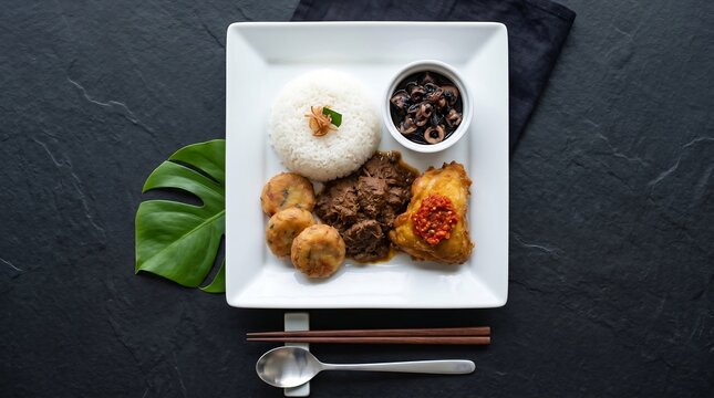 Modern Presentation of Indonesian Nasi Rames with Beef Rendang and Squid