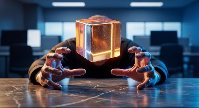 Stressed hands gripping a dark marble table while a heavy translucent cube rests on hunched shoulders in a professional setting after hours, moody, metaphorical, lighting