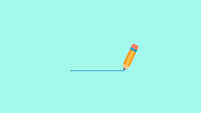 A simple cartoon animation of a yellow pencil with an orange eraser drawing a straight blue line on a light blue background.