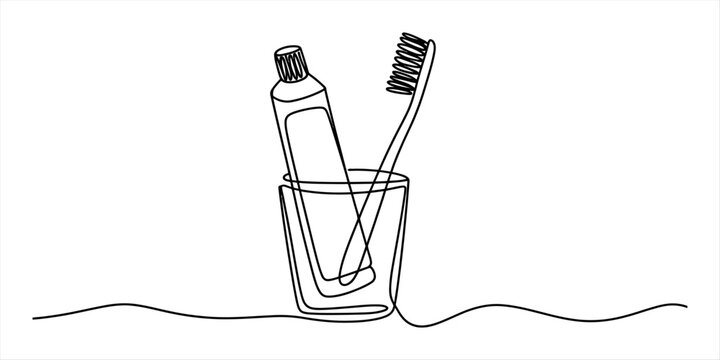 Continuous single line drawing of a toothbrush and toothpaste in a glass cup for dental hygiene and daily morning bathroom routine concept art