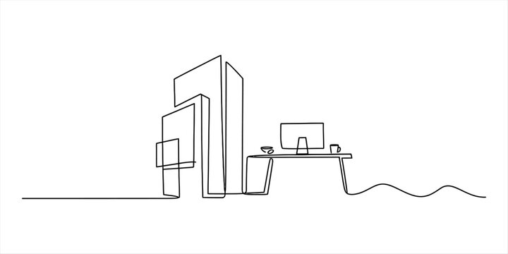 Modern office building and workplace desk with computer drawn in a single continuous line style