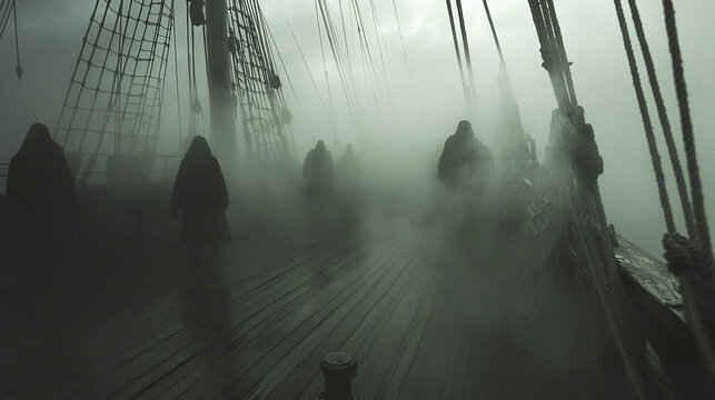 Ghostly ship deck with eerie mist swirling around shadowy figures cloaked in dark robes, creating mysterious and haunting atmosphere on wooden sailing vessel