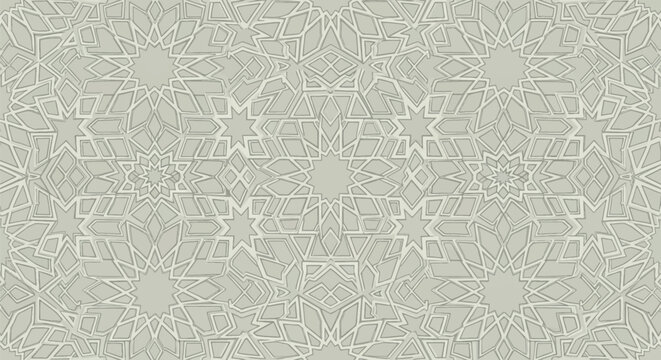 Seamless Islamic geometric pattern featuring intricate decagonal star motifs and interlocking linear shapes in a neutral pale sage green and beige color palette.