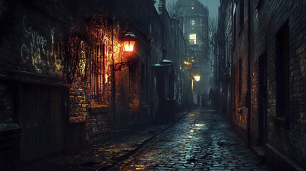 Fototapeta premium Haunted alleyway with flickering streetlights casting shadows on wet cobblestone path, eerie fog surrounds shadowy figures creating mysterious and chilling atmosphere at night