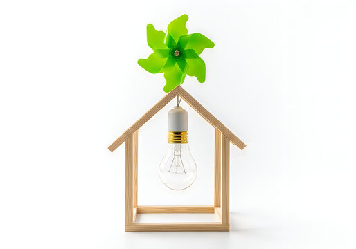 Wooden house frame with green windmill and lightbulb inside home decoration