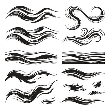 Black brush strokes and curvy artistic paint marks set with hand drawn, ink wash