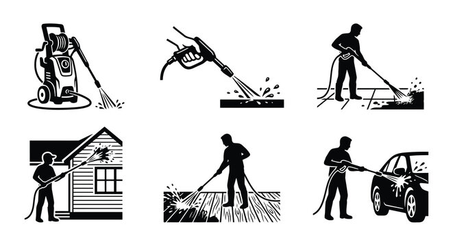 Pressure Washer Silhouettes Black Vector Illustrations On White Background
