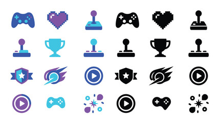 Collection of colorful video game icons and symbols, including controllers, joysticks, hearts, trophies, and play buttons. © Feldway