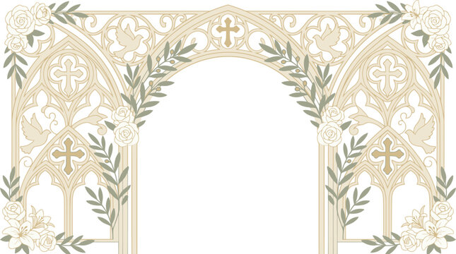 Elegant illustration of a decorative arch frame with floral and religious elements, providing ample copy space as a beautiful design border.