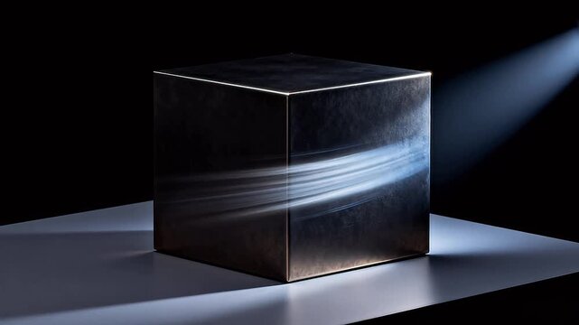 Black metal cube on light surface illuminated by strong side light