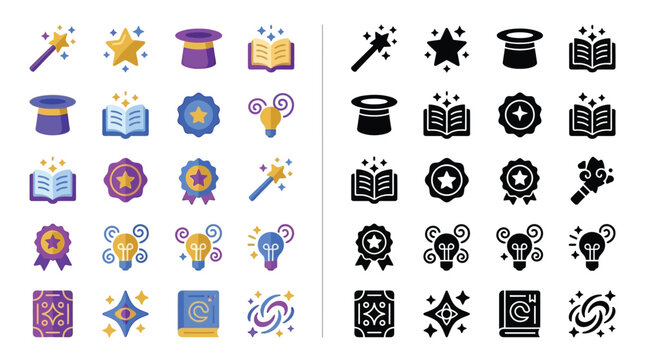 Collection of magical and creative icons including a wand, star, hat, book, lightbulb, and galaxy.
