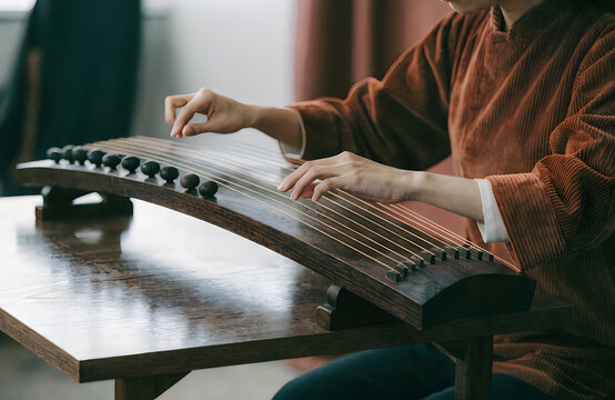 Traditional guqin wooden stringed instrument played by musician with elegant gestures on table desk.