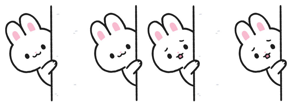 壁から覗いている様子のウサギのイラストセット
