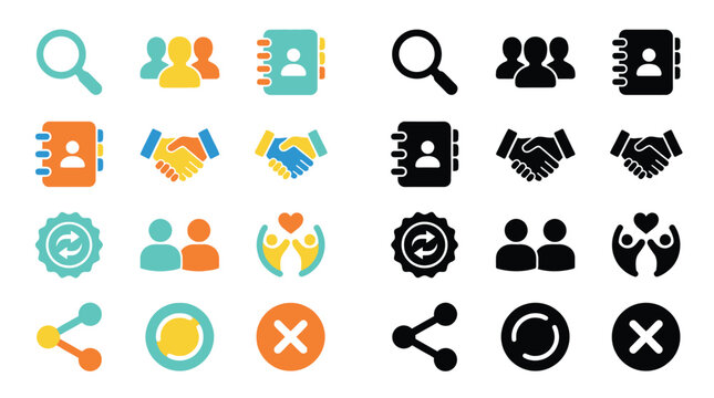 Collection of colorful and black and white icons representing business and communication concepts.
