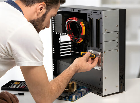 Expert computer technician installing component into desktop pc case during hardware maintenance task.