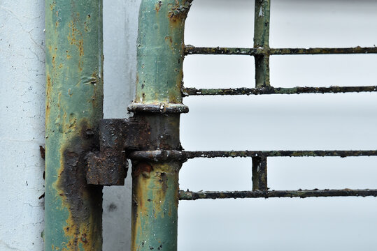 heavily rusted iron gate hinges with peeling green paint.