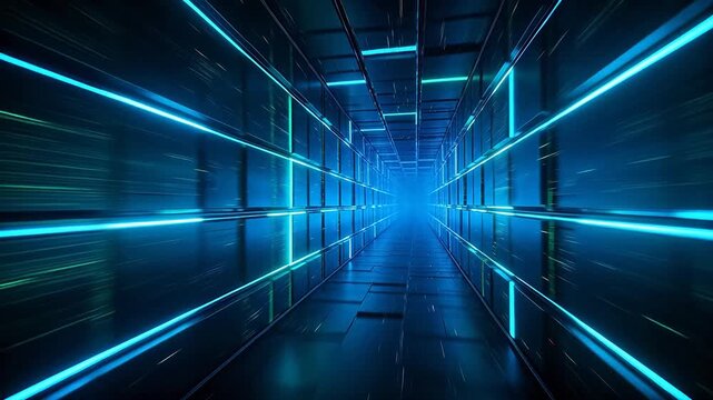 Blue neon corridor with glowing lines and deep perspective