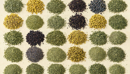 A grid of various dried herbs, spices, and tea leaves arranged in neat circular piles on a light beige textured paper background, surface area © come