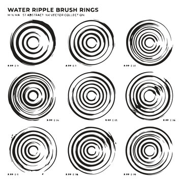 Set of nine artistic circular water ripple ink brush strokes with hand drawn