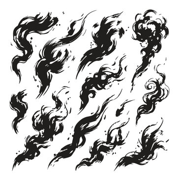 Assorted abstract ink brush strokes depicting drifting smoke with abstract