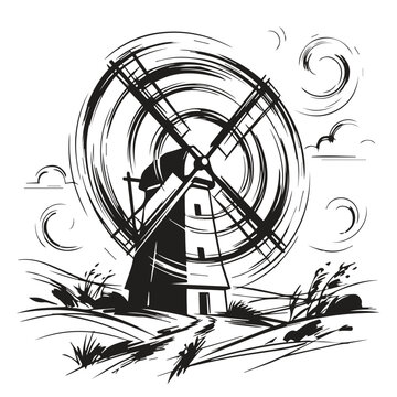 Classic rural dutch windmill ink drawing with motion windmill spinning