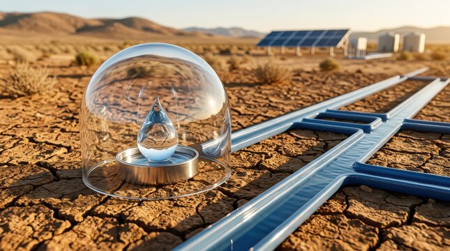A crystal water droplet enclosed in a glass dome on cracked dry soil with solar panels and water tanks in the distance in a desert setting.