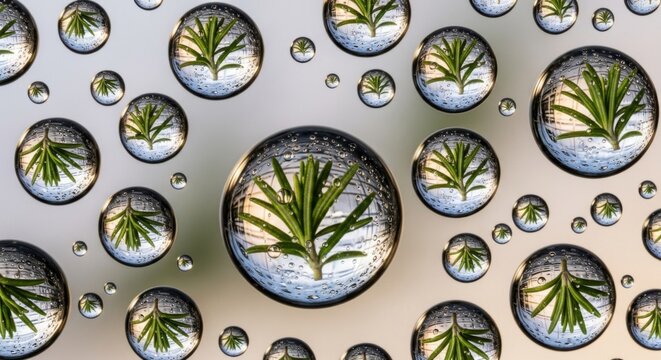 Abstract background featuring multiple water droplets magnifying fresh rosemary leaves.