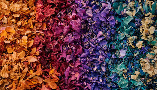 A colorful gradient of dried flower petals and small buds arranged in a spectrum from warm orange to cool blue on a neutral wooden background