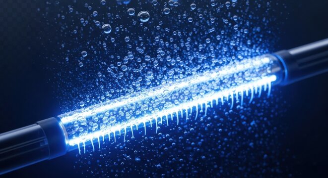 UV-C light sanitizer emitting a powerful blue glow, surrounded by splashing water and bubbles for purification.