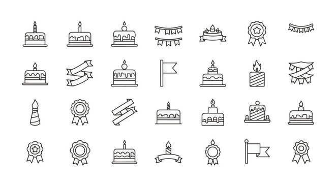 Minimalist thin line icon set containing birthday cakes with lit candles, decorative bunting banners, award rosettes with stars, party flags, and festive ribbons on white background.