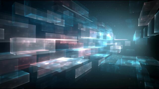 Abstract glowing red data flow background with futuristic blue geometric tech visualization