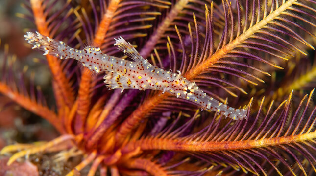 Vibrant ornate ghost pipefish hiding among yellow and purple crinoid arms