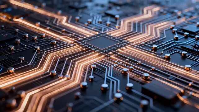 Circuit board closeup with radial glowing lines
