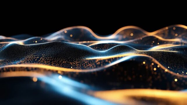 Abstract Aurora Waves: Mesmerizing wave patterns, reminiscent of an aurora borealis, shimmer and glow with iridescent blue and warm golden light, punctuated by sparkling particles.