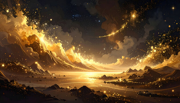 Breathtaking celestial landscape of gold light pouring down from the cloudy sky