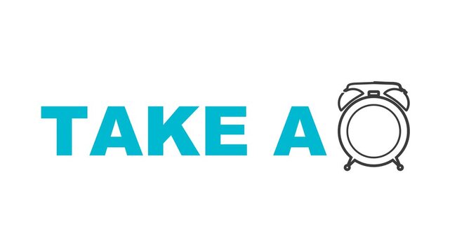 Alarm clock and wording with pause sign symbolizing time management. Waiting and patience for concepts of slowness and mindfulness. Healthy lifestyle.