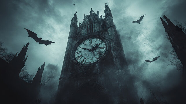 Haunted clock tower with massive broken clock face surrounded by eerie fog and flying bats creating spooky and mysterious atmosphere at dusk