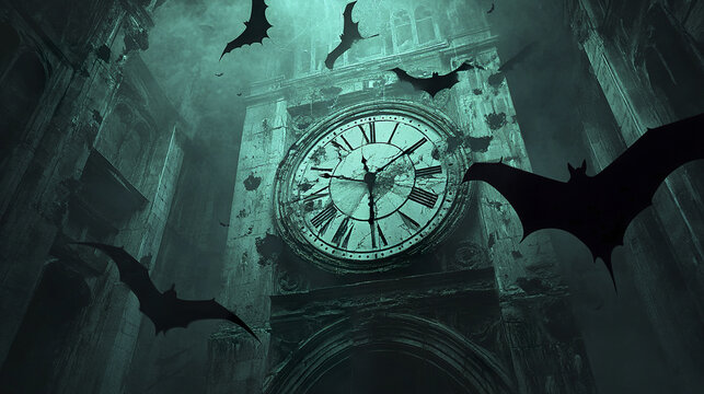 Haunted clock tower with massive broken clock face surrounded by flying bats in eerie dark atmosphere creating spooky and mysterious scene at night