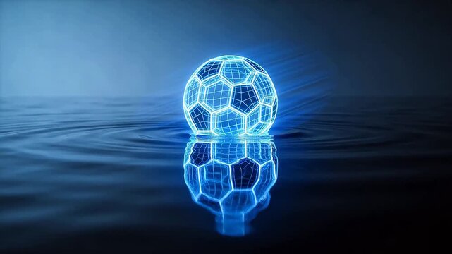 Glowing wireframe sphere floating above dark water with reflection