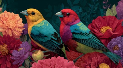 Fototapeta premium two colorful birds sitting on some flowers.
