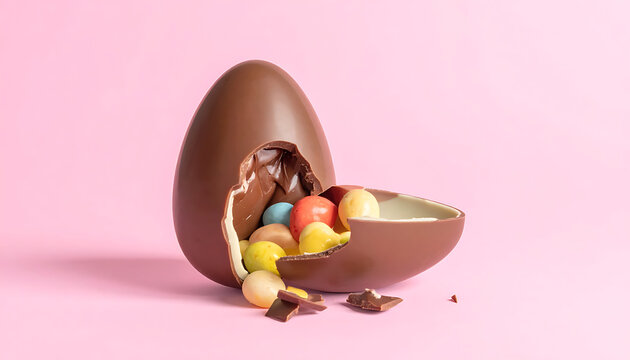 A cracked open chocolate easter egg filled with colorful candy eggs, with chocolate pieces scattered on a pastel pink background, holiday treat