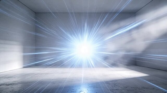 Empty interior room with bright light beams streaks and minimalist cubic architecture