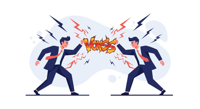 Business competition concept showing two men in suits pulling apart a logo while lightning bolts flash between them.