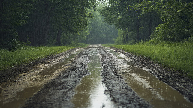 Heavy rain falling on muddy rural dirt road with deep puddles surrounded by dense green forest, creating wet and gloomy atmosphere in nature