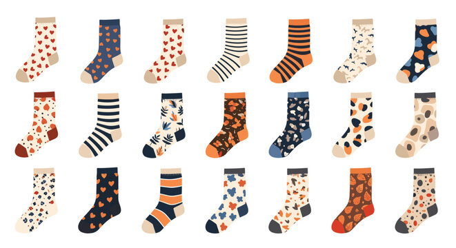 Large collection of colorful socks with different patterns like hearts stripes dots and leaves on white background.