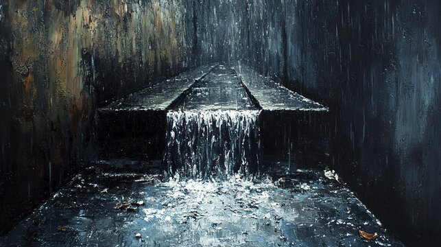Heavy rain flows through alleyway gutter cascading down dark textured walls and wet stone floor, creating moody and dramatic urban scene with flowing water