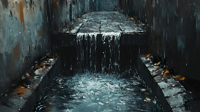 Heavy rain flows through alleyway gutter cascading down dark, narrow concrete channel with wet, textured walls and scattered fallen leaves creating moody urban scene