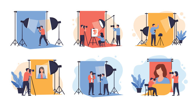 Multiple scenes of a professional photography studio showing photographers using lights and backdrops to take portraits and artistic photoshoots.