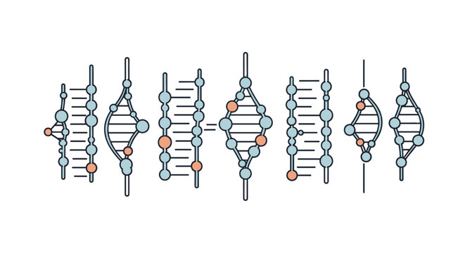 Abstract representation of molecular structures or genetic sequencing diagrams featuring lines and spheres in a scientific illustration style.
