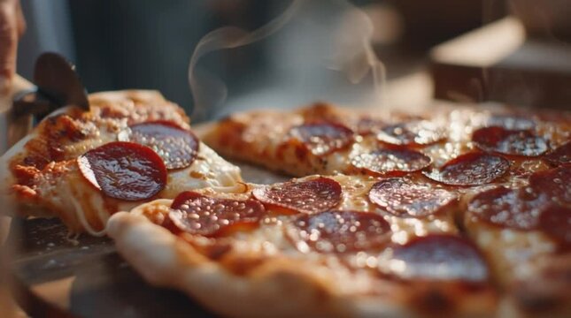 Stretching cheese on a freshly sliced pepperoni pizza slice food tasty meal dinner culinary